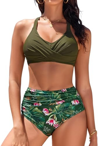 heekpek Conjunto Bikini Mujer Push Up Bañadores Mujer Reductores Barriga Bikini Cintura Alta Cuello en V Cruzado Delantero Bañador Natacion Bañadores Mujer Dos Piezas, Verde, XXL
