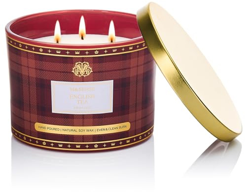 M&SENSE 330g Luxury Candela alla Soia Profumata Tè Inglese|3 Stoppini Cotone 65H, Aromaterapia Non Tossica, Barattolo Vetro Rigato Vintage, Regalo Donna Compleanno/Mamma Gift