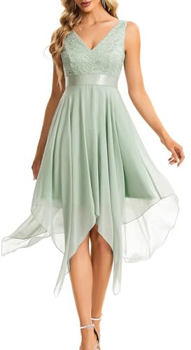 Ever-Pretty Robe de Soirée Asymétrique au Genou Femme Double Col-V sans Manche en Dentelle Mousseline de Soie Verte Menthe 34