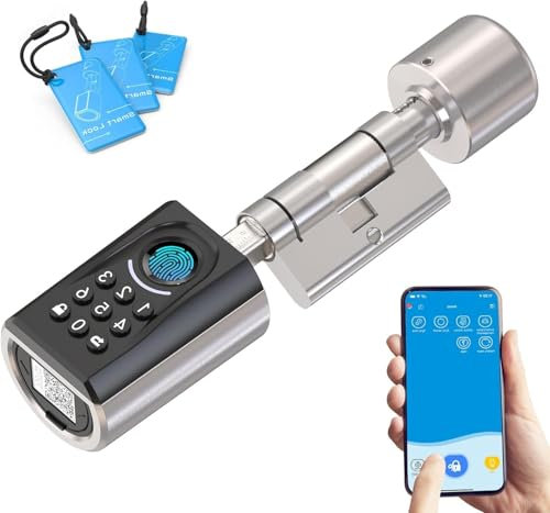 RUILON Serrure connectée porte entree - IP65 Serrure code empreinte digitale avec 3 cartes RFID, Cylindre electronique facile à installer, réglable 30x30 pour portes de 30-70 mm d'épaisseur ToucAEBL51