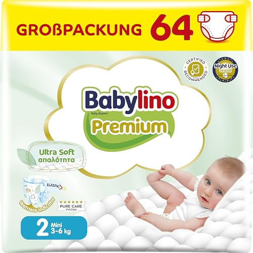 Babylino Premium, Pañales bebé Talla 2 con filtro Ultra Soft, Mini (3-6 kg), 64 unidades