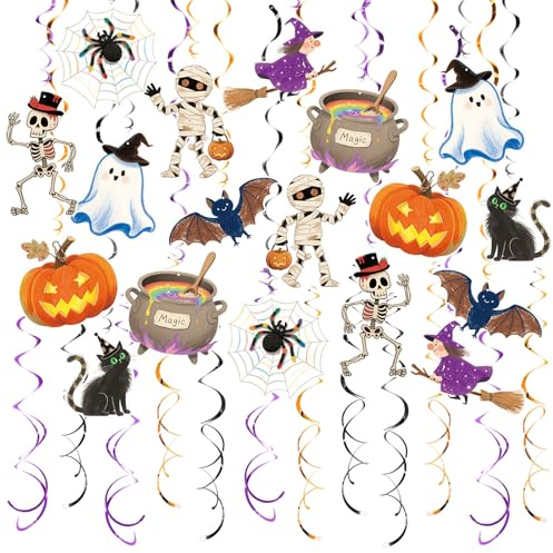 AimtoHome Halloween Hanging Party Decorations, 48 Pcs,Ceiling Decor Indoor Swirl Witches Cauldron Ghost Pumpkin Skull Cat Witch Party Supplies Sign,Black Purple Orange