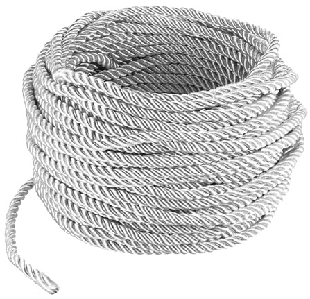 5mm 21 Yards Silver Rope Cord for Sewing and Crafting, 3-Ply Twisted Decorative Cords Shiny Nylon Macrame Silk String Graduation Cord for Home Decor Upholstery Curtain Tieback Bag Drawstrings
