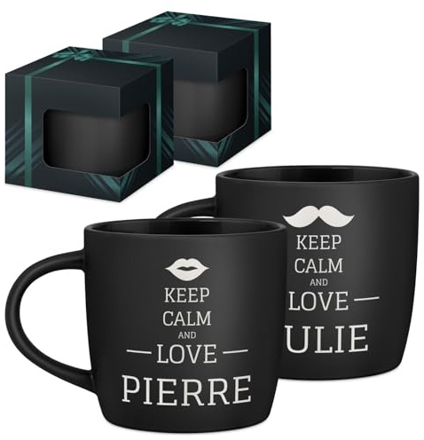 Maverton 2x Tasse Personnalisable, Set 2x Mug personnalisé | Cadeau Personnalisé Anniversaire Mariage, Couple Couple Saint Valentin, Tasse a cafe noire avec prénom, love