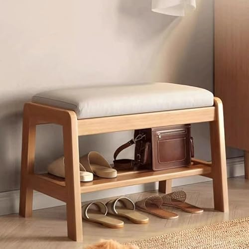 Scarpiera moderna Mid-Century, in legno massello, con cuscino a 2 ripiani, in ecopelle, per ingresso, corridoio, soggiorno, colore ciliegia (55 cm)