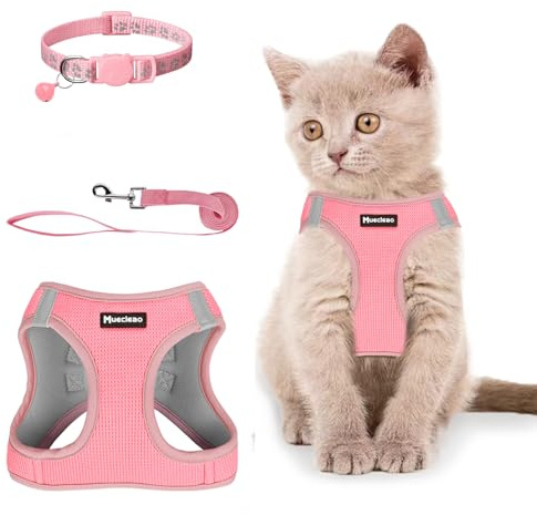 Muecleao Katzengeschirr, Verstellbares Geschirr mit Leine für Katzen, Softgeschirr Katzengeschirr ausbruchsicher verstellbar Katzenweste für Katzen (Rosa, XXS)