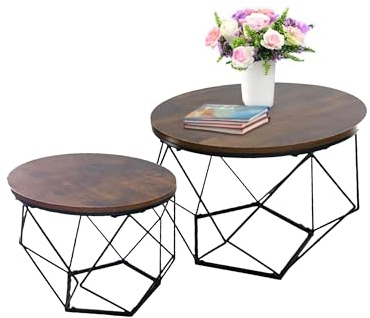 Relaxdays Couchtisch, 2er Set, Holzoptik & Metall, Industrial-Design, runde Beistelltische, Wohnzimmer, braun/schwarz