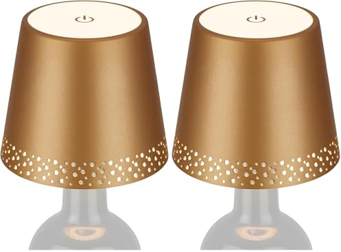 BRILONER - LED Flaschenlampe kabellos mit Touch, dimmbar, warmweiß, Nachttischlampe, Flaschenleuchte, LED Lampe, Akku Tischleuchte, Weinlampe, Flaschenlampe Aufsatz, 11 x 9 cm (DxH), Gold-Matt