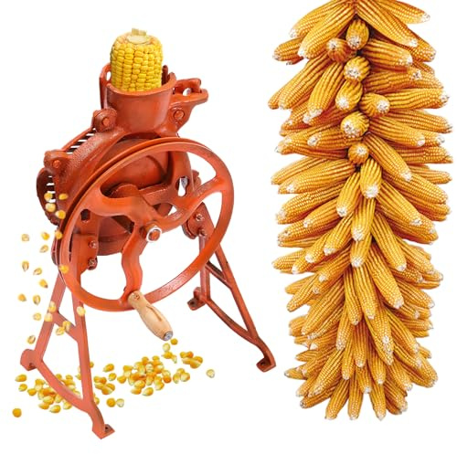 Corn Sheller Machine, Manual Hand Crank & Electric Compatible, Heavy Duty Cast Iron Corn Thresher with Stable Wooden Base for Dry Corn - Fast Shelling for Home, Garden, Small Farm (Orange)