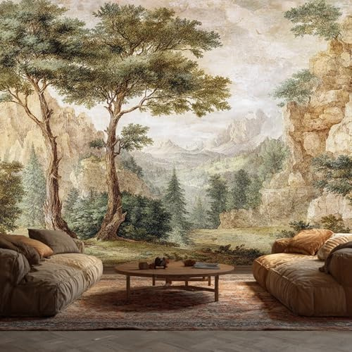 Forest Wallpaper, Vintage Landscape Mountain Tree Mural Wallpaper, Forest Room Decor Wall Art for Living Room Bedroom Kitchen 315L x 215W cm