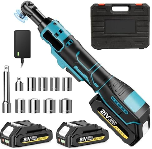 QIAKEFE Chiave A Cricchetto Senza Fili 3/8,Cricchetto Elettrico con 2x 1.5Ah Batterie e LED Lampa,Max 100Nm,8 Gruppo di Manicotti(10/11/12/13/14/15/16/17mm),per Auto e Fai da te (Blu)