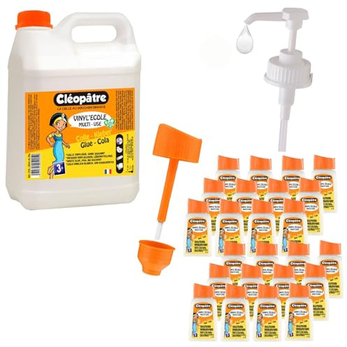 CLEOPATRE – Schoolpack Colle Blanche Vinylique – 24 P’tits Pot avec Pinceau Intégré 80g + Recharge 5kg avec Pompe Doseuse – Pack Année de Colle
