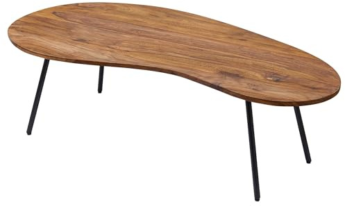 Wohnling Couchtisch Nierenform 122x63x36 cm Sheesham Metallbeine Schwarz | Nierentisch Retro massiv, Sofatisch im 50er Jahre Stil, handgefertigtes Unikat, Wohnzimmertisch mit Maserung