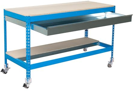 Simon Rack Mesa de Trabajo Taller, Capacidad Carga 120 kg, 917x910x610 mm, Incluye Ruedas, 1 Cajón, Azul/Madera - BT0