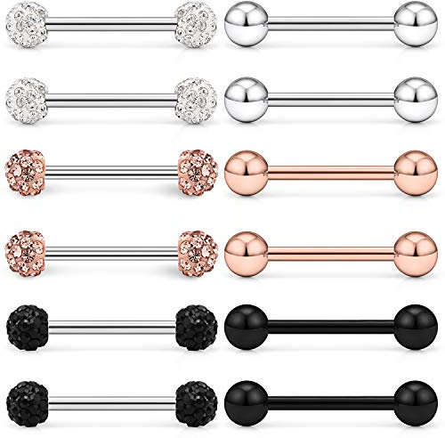 Lcolyoli 12Pcs 16G Surgical Steel Tongue Ring Nipple Shield Barbell Ring Bar Nipplerings Body Piercing Jewelry for Women Men Silver Black Rose Gold