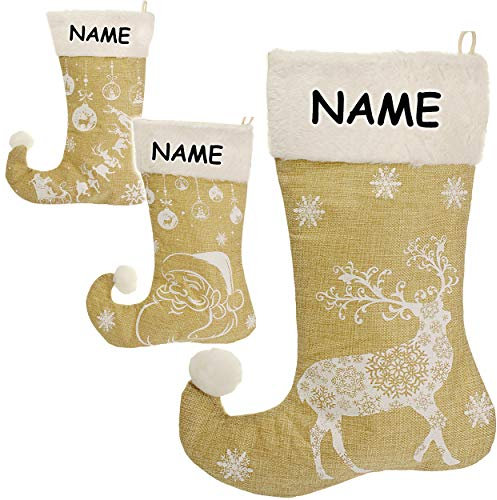 alles-meine.de GmbH XL - Weihnachtssocke & Weihnachtsstrumpf - inkl. Name - Weihnachtsmann/Rentier/Schneeflocken - 45 cm - weiß - zum Aufhängen - Nikolausstiefel - Nikolausst..