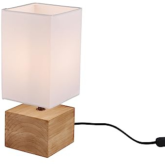 Tischleuchte 30cm mit eckigem Naturholzsockel und Stoffschirm Weiß