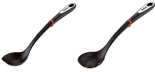 Tefal K2060514 Ingenio Cuillère ustensile de Cuisine Noir résistant sans bisphénol A & K2060214 Ingenio Cuillère à Pâtes ustensile de Cuisine Noir résistant sans bisphénol A avec Insert Silicone