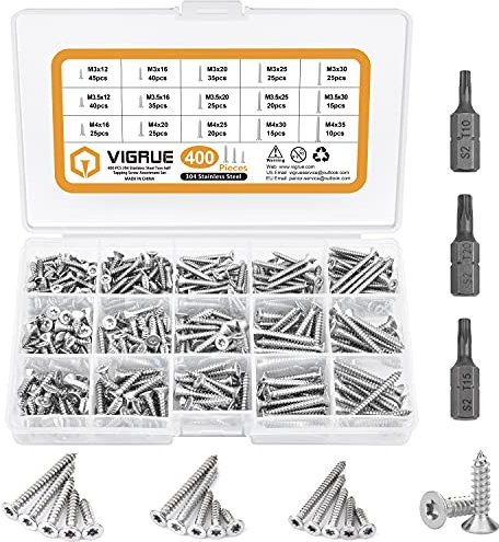VIGRUE 400 Stück Edelstahl-Schrauben Set M3 M3.5 M4, Spanplattenschrauben mit Senkkopf, Vollgewinde Holzbauschrauben, Selbstschneidende Schrauben Mit 3 Stück Bits