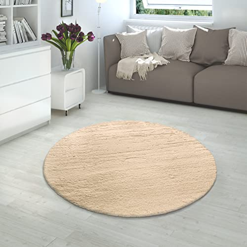 Paco Home Hochflor Teppich Wohnzimmer Schlafzimmer Shaggy Modern Flauschiger Fellteppich Weich Fell Imitat Kunstfell Einfarbig, Grösse:Ø 120 cm Rund, Farbe:Sand