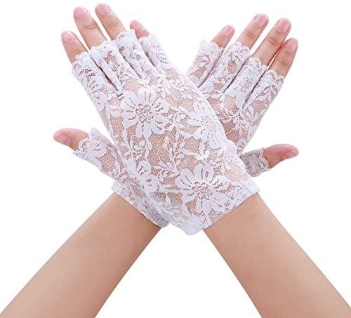 Yolev White Lace Gloves for Women Short Fingerless Gloves Embroidered Floral Vintage Opera Glove for Halloween Tea Party Wedding Dinner Prom Cosplay