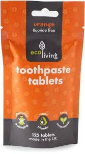 ecoLiving Toothpaste Tablets: Natural Orange Flavor; Eco-Friendly Teeth Whitening; 2 Month Refill Supply in Compostable Pouch; Vegan; SLS Free; Plastic-Free Fluoride Tabs; Made in UK; 125 Tablets