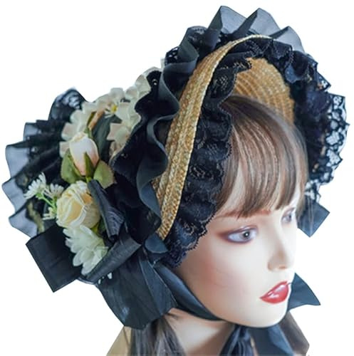 Chapeau de soleil en dentelle pour femme - Chapeau de paille victorien - Coiffe victorienne - Chapeau de paille floral - Bibi en dentelle pour femme