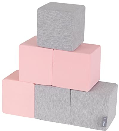 KiddyMoon Schaumstoffwürfel Baby 6 Stücke Bausteine Motorikspielzeug Abnehmbar Baumwollbezug, Blöcke: Hellgrau-Pink
