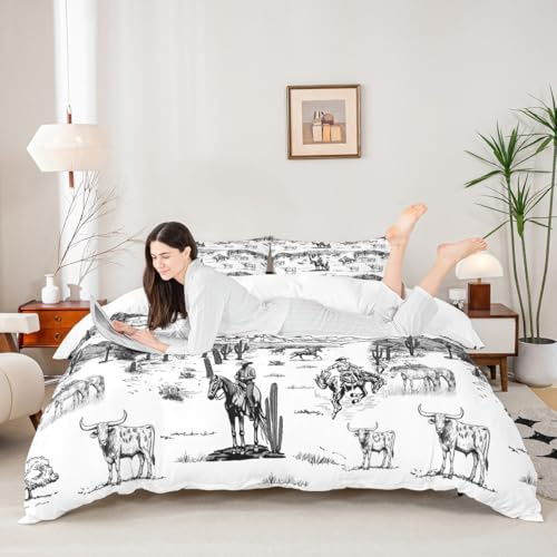 Western Cowboy Duvet Cover Set Queen Size,Vintage Southwest Style Bedding Set Desert Cactus Cow Horse Animals Comforter Cover for Kids Boys Girls Adult Room Decor,Sketch Black White Quilt Cover 3Pcs