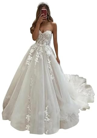 SEVENYXX Abito da Sposa Lungo delle Donne Sweetheart Pizzo Abiti da Sposa Registro Ufficio di Moda Sposa Principessa Abiti da Sposa, Bianco, 46