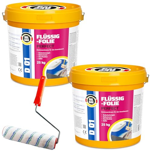 HALBAU Flüssigfolie Profi 50kg, Abdichtung für Bad, Dusche, Innenbereich, Wassersperre unter Fliesen + Farbroller 25cm D01