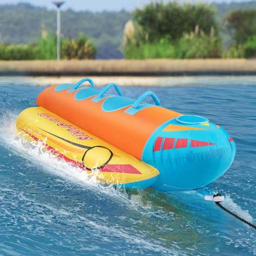 GOPLUS Tubo Remolcable, Bote Banana Inflable para 1-3 Pasajeros con Cubierta de Nailon, Almohadillas de EVA, Kit de Reparación y Conector, Deportes Acuáticos Playa, Carga 231 Kg