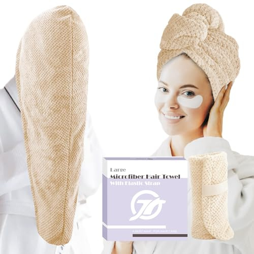 FREATECH Grande Toalla Microfibra Pelo Anti Frizz 86 x 26 cm, Turbante Microfibra Pelo para Cabello Mojado, Toallas Pelo con Banda Elástica para Mujeres, Cabello Largo, Grueso, Marrón Claro