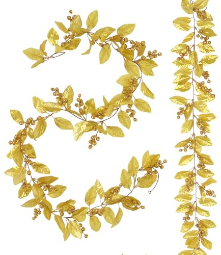RECUTMS Christmas Gold Berry Holly Leaves Garlands 6.6FT 2Pack | Silk Leaves and Foam Berries, Durable Xmas Vine, No Maintenance, Home Garden Door Window Mantle Decor, Indoor Outdoor Use