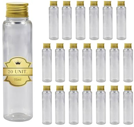 Tampa Dourada Plastikflaschen, 75 ml, 20 Stück, sensorische Flaschen, leer, Reagenzglas, Mini-Glasfläschchen für Süßigkeiten, Partys, Gewürze, Hochzeit