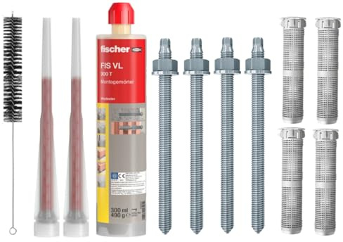 Schwerlastbefestigung SET M12x140mm VERZINKTER STAHL 5.8 FISCHER Montagemörtel VL300 T + 4 Gewindestangen + 4 Siebhülsen 20x85mm + Zylinderbürste/Klebeanker Ankerstangen