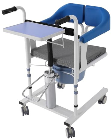 Patientenlifter-Transferstuhl: Höhenverstellbarer Toilettenstuhl für Senioren mit Rollen, Bremsen, zu Hause und Transferhilfen (Blau)