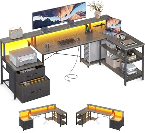 ODK Schreibtisch mit Schubladen, 189.3×100cm Reversibel Eckschreibtisch Groß mit 2 Steckdosen&USB Ladeanschluss, Schreibtisch L Form mit Stauraum, Gaming Tisch für Homeoffice, Graueiche