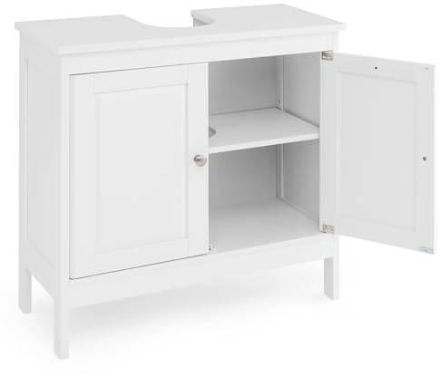 LIFEZEAL Meuble de Salle de Bain sous Lavabo avec Découpe en U, Meuble sous Vasque avec 2 Portes à Volets et 2 Étagères, Rangement sous Lavabo, 60x30x62cm, Blanc (Style 1)