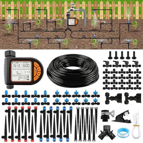 Kalolary Système d'irrigation pour jardin, Kit d'irrigation goutte-à-goutte de 59,74 m avec minuteur, système d'irrigation de jardin DIY micro automatique pour arrosage de terrasse, pelouse, serre