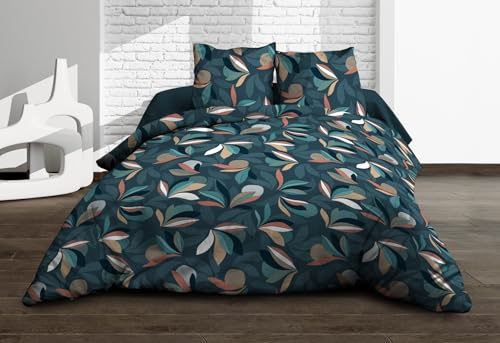 Le Linge de Jules Parure Drap Plat + Drap-Housse 140x190 + 2 T - Pur Coton 57 Fils - Lena, Bleu