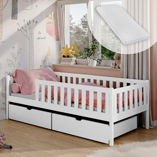 Kids Collective Kinderbett mit Zwei Schubladen Rausfallschutz Lattenrost und Matratze Kinder Bett | Sicher & stabil weitere Größen 80x160, 80x180, 90x200 cm | 90x190 cm von 4 bis 13 Lebensjahr Weiß