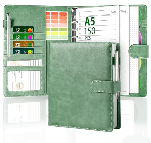 Agoer Ringbuch A5 Nachfüllbar,PU Leder Binder Notizbuch mit 150 Blätter A5 Nachfüllpapier[To Do Liste/Wochenplaner/Gepunktetes Papier],6-Ringbuchmappe Din A5 Schulnotizen,Reisetagebücher,Planer