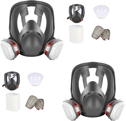 sykua 2 Pack Full Face Gas Mask - Reusable Full Face Respirator Mask with Filters for Spray Painting, Chemical, Sanding, Building Work, and Fine Gas Dust