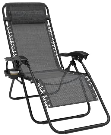 AufuN Klappbarer Liegestuhl, Sonnenliege Gartenliege Gartenstuhl Schwarz | 1 Stück Relaxliege Verstellbar Rückenlehne mit Getränkehalter & Kissen, Verstellbarer Rückenlehne, für Outdoor Terrasse