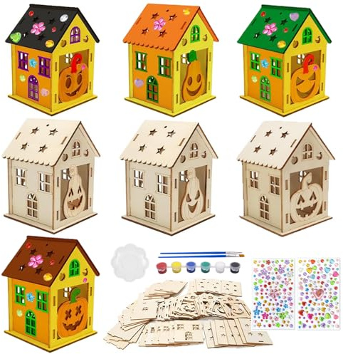 7-teiliges Bastelset für Halloween, Malerei für Kinder, kreatives Set mit Holzspänen, Halloween, Basteln, Haus, Kürbis, Geschenke für Kinder