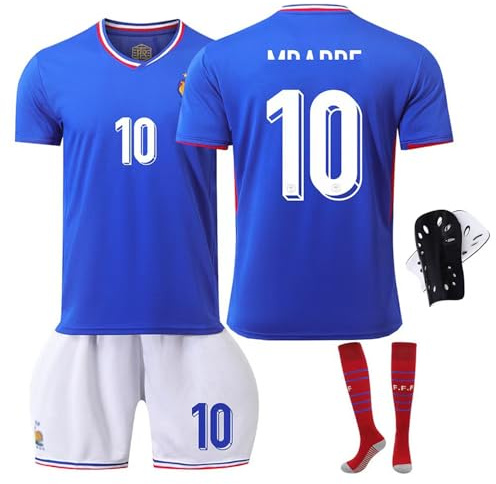 Awonlate Ensemble de Maillot de Football pour Enfant, Maillot de Football en Jersey, T-Shirt de Football et Protège -Tibias, Short de Football pour la Enfant L Bleu,Taille:26 (Hauteur: 140-150CM)