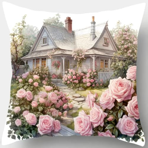 ANSIWEIGO Kit Point Noué Coussin,Canevas à Nouer 43x43 cm,Activité DIY pour Débutants, Enfants et Adultes,Décoration Maison et Cadeau Fait Main,Cabane Rose