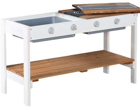 roba Extension cuisine de jeu – Cuisine extérieure blanche-brun avec BBQ & plaques de cuisson – Pour maisonnette dès 18 mois – Bois – Résistant aux intempéries