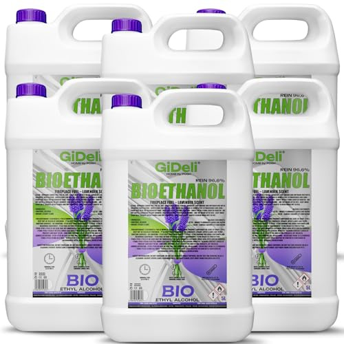 GiDeli Bioéthanol - 6 x 5 l - Parfum lavande - 96,6 % d'éthanol - Pour intérieur et extérieur - Sans fumée et suie - Fabriqué à partir de maïs et de betterave sucrière